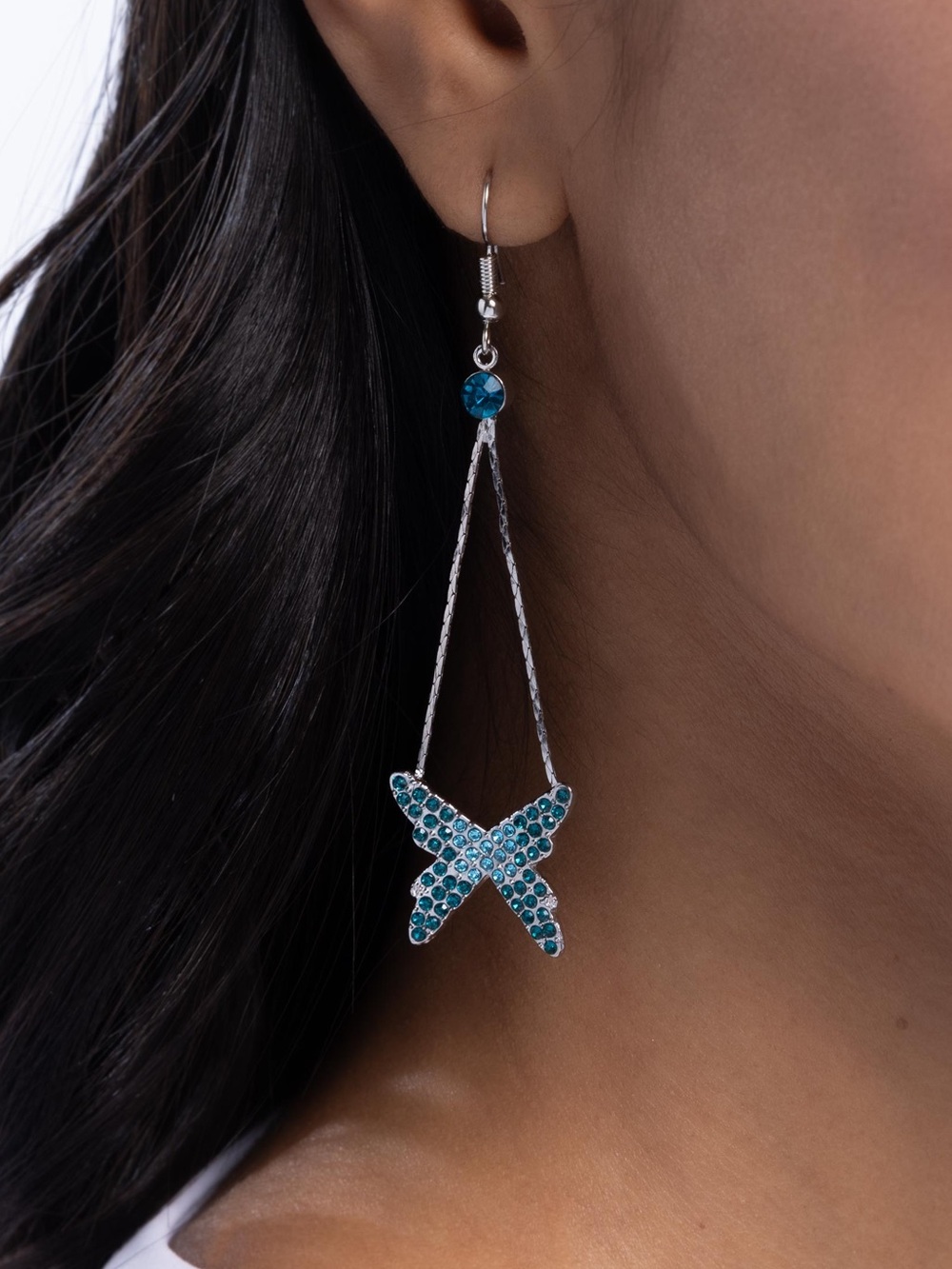 Teal Crystal X-Drop Dangle Earrings - Unbranded